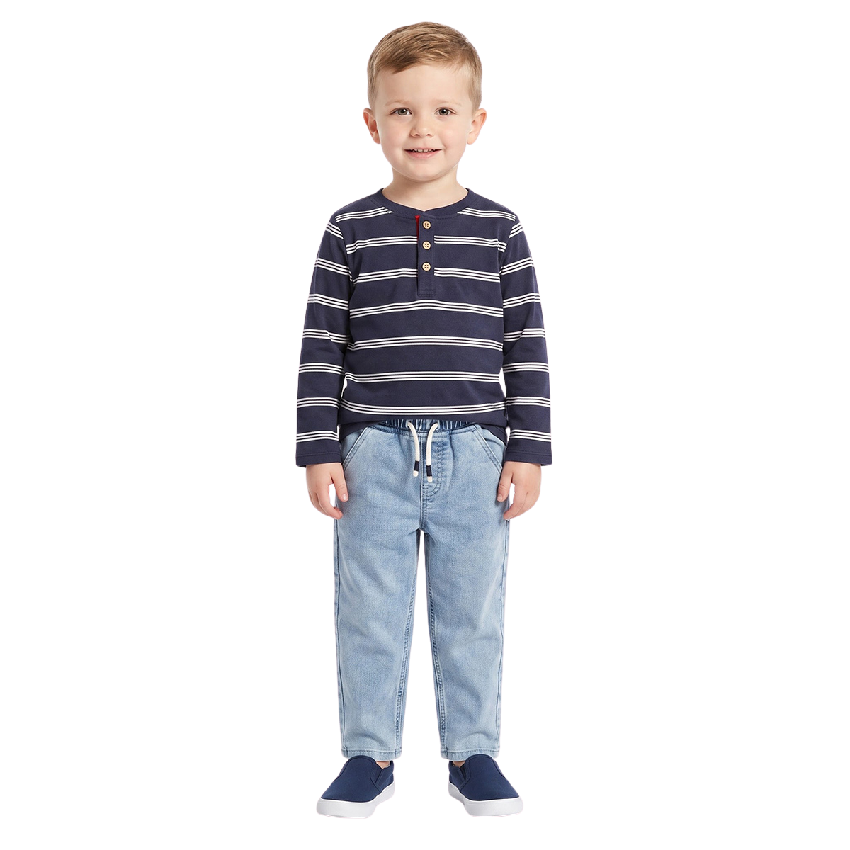 Baby Boys Navy Blue and White Cotton Striped Henley T Shirt for