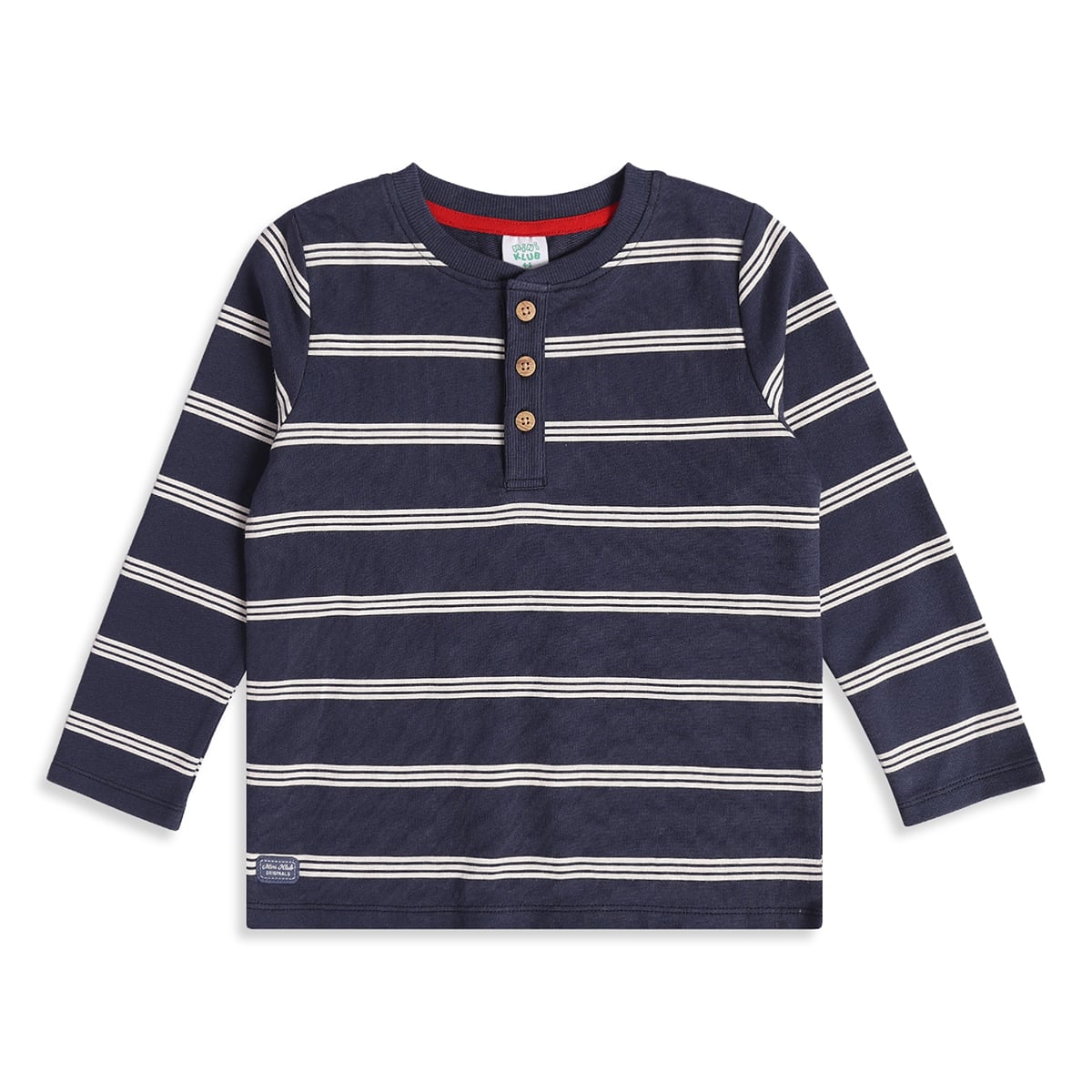 Baby Boys Navy Blue and White Cotton Striped Henley T-Shirt for Casual Wear