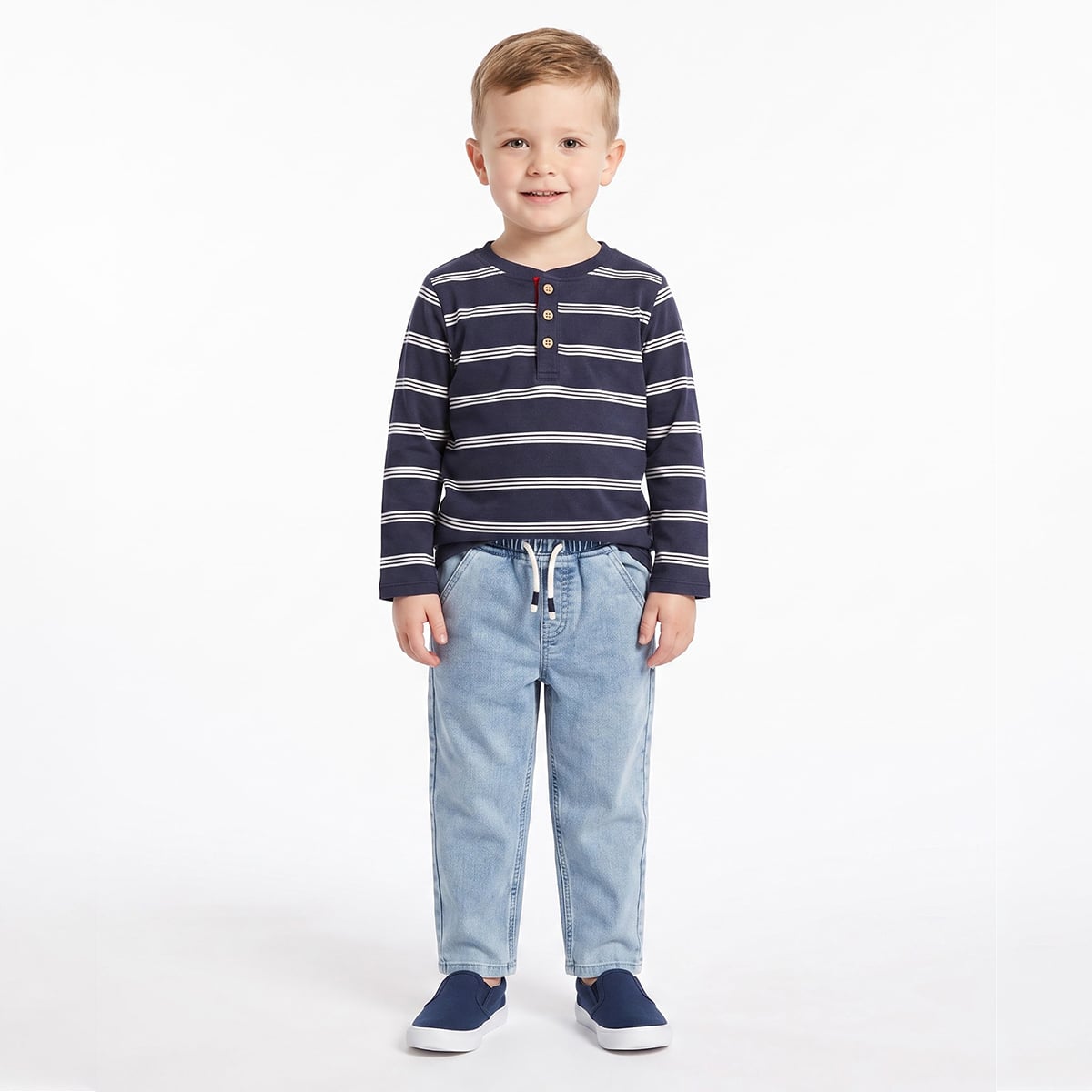 Baby Boys Navy Blue and White Cotton Striped Henley T-Shirt for Casual Wear