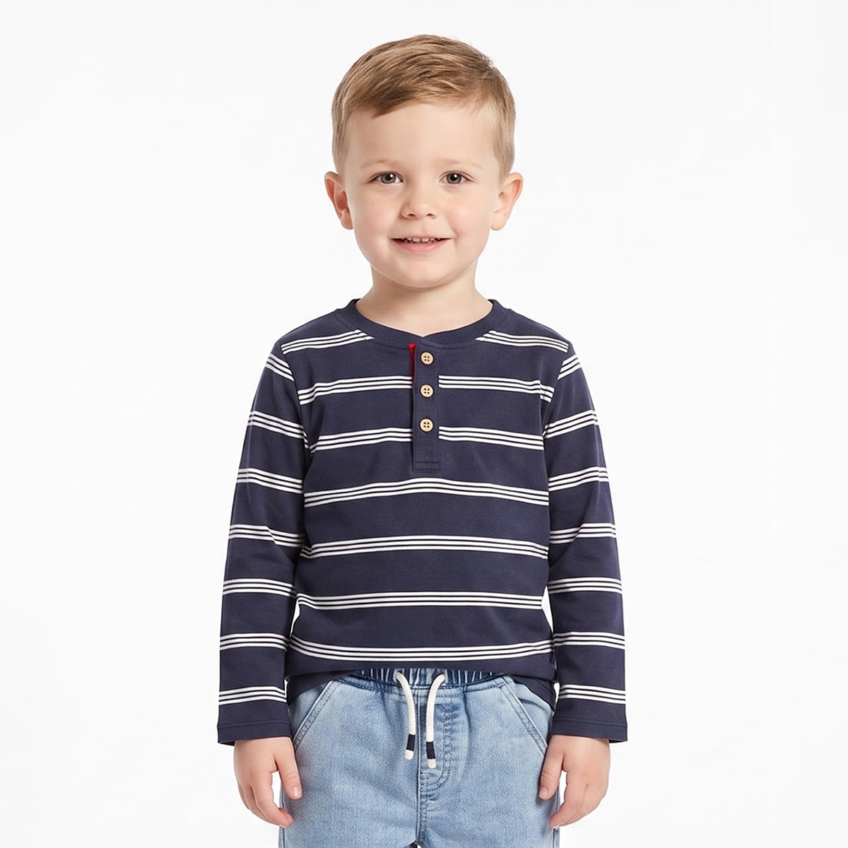 Baby Boys Navy Blue and White Cotton Striped Henley T-Shirt for Casual Wear
