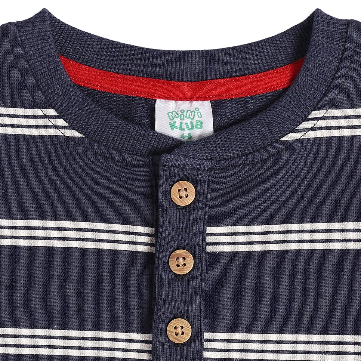 Baby Boys Navy Blue and White Cotton Striped Henley T-Shirt for Casual Wear
