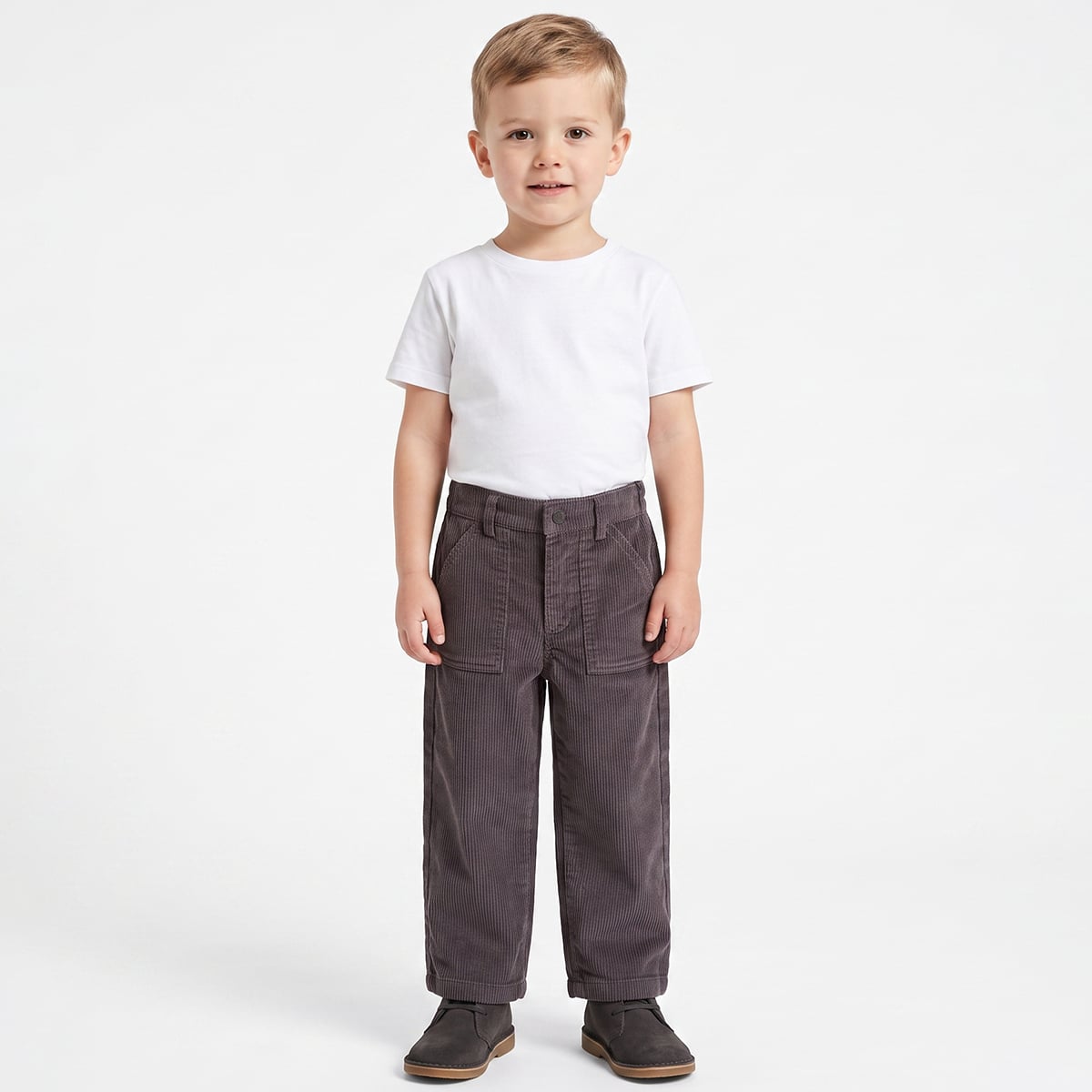 Baby Boys Dark Grey Cotton Blend Solid Corduroy Pant Regular Fit Casual Wear