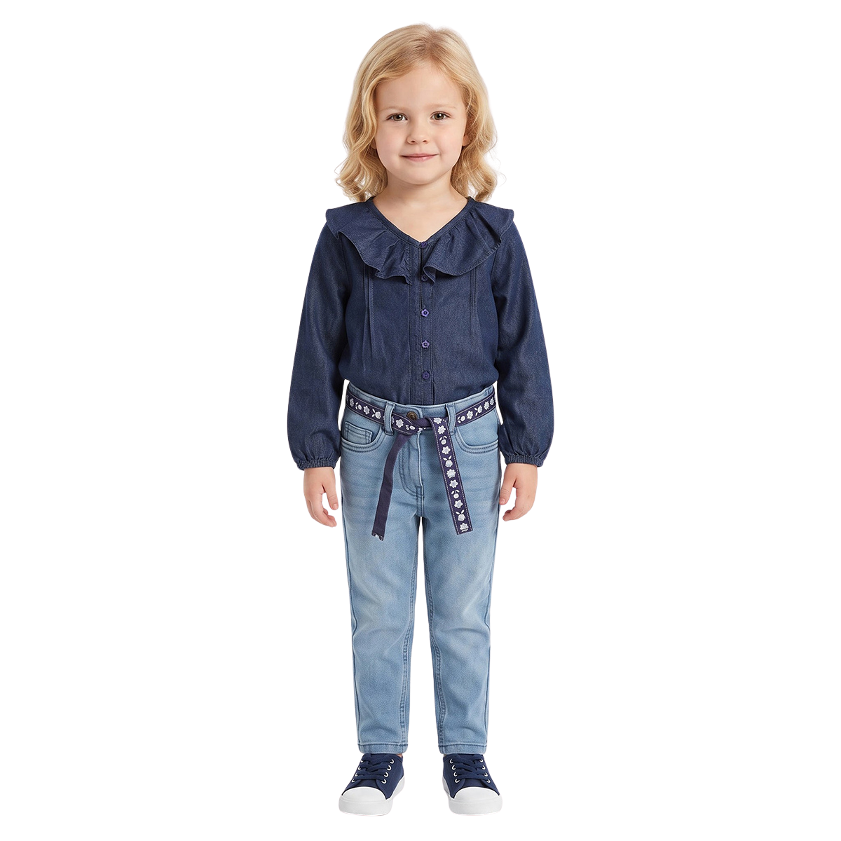Girls Light Blue Denim Pants with Floral Belt Casual Kids Bottoms
