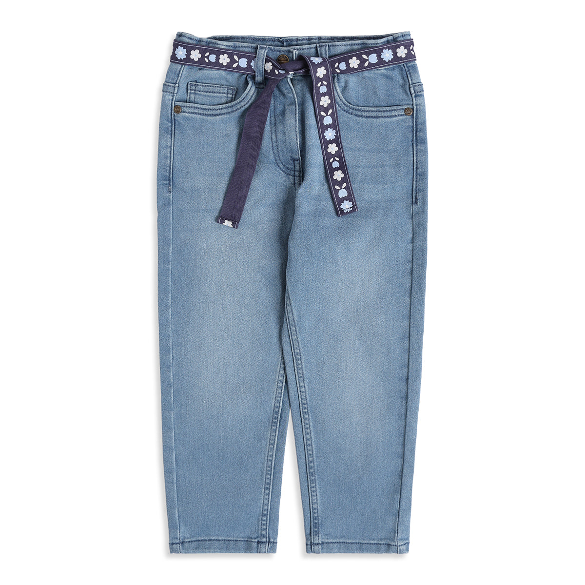 Girls Light Blue Cotton Blend Denim Pants with Floral Belt Regular Fit Casual Kids Bottoms