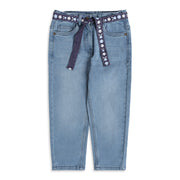 Girls Light Blue Cotton Blend Denim Pants with Floral Belt Regular Fit Casual Kids Bottoms