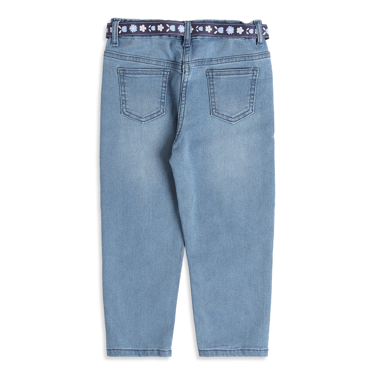 Girls Light Blue Cotton Blend Denim Pants with Floral Belt Regular Fit Casual Kids Bottoms