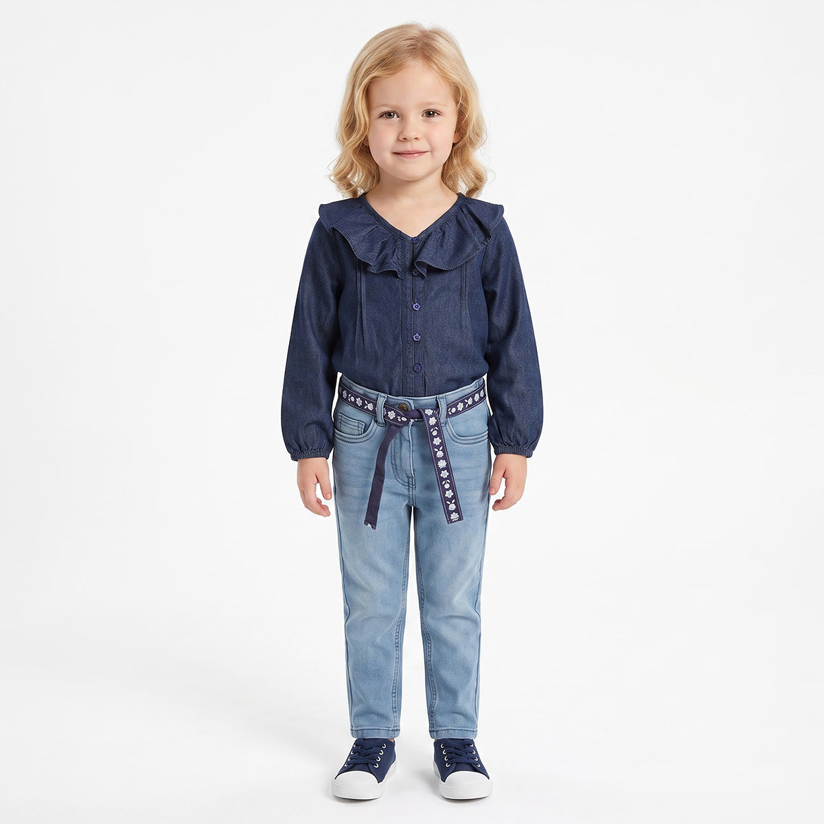 Girls Light Blue Cotton Blend Denim Pants with Floral Belt Regular Fit Casual Kids Bottoms