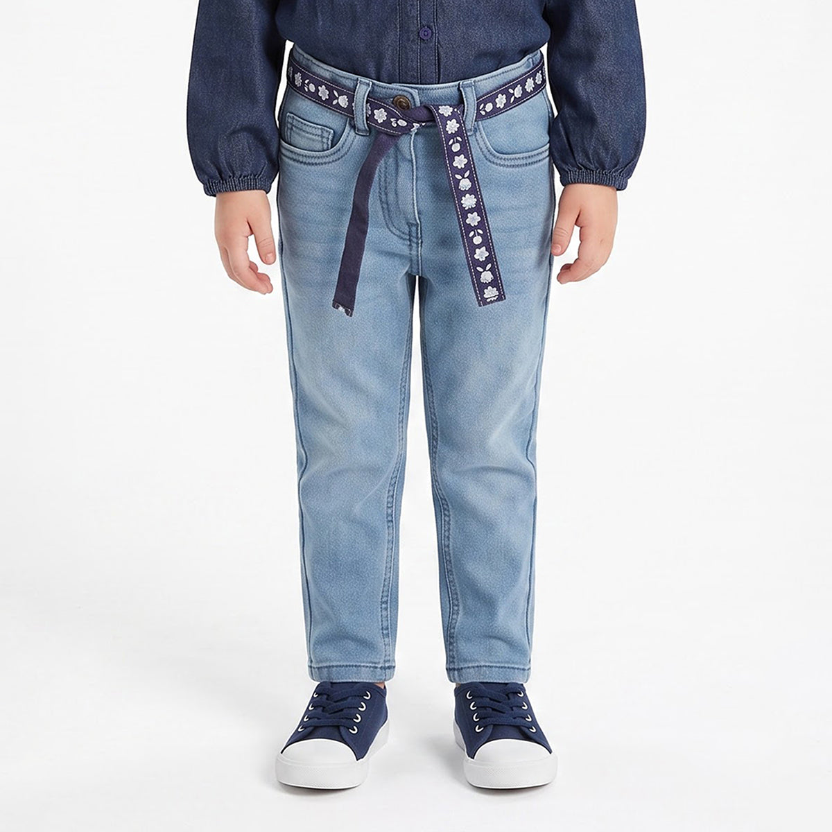 Girls Light Blue Cotton Blend Denim Pants with Floral Belt Regular Fit Casual Kids Bottoms