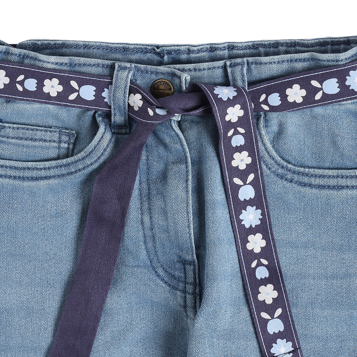 Girls Light Blue Cotton Blend Denim Pants with Floral Belt Regular Fit Casual Kids Bottoms