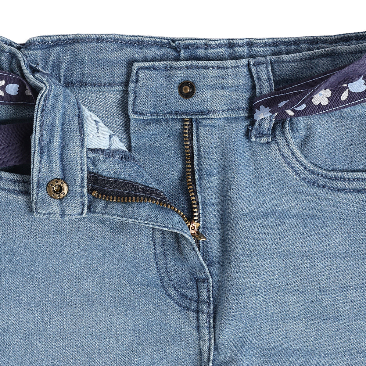 Girls Light Blue Cotton Blend Denim Pants with Floral Belt Regular Fit Casual Kids Bottoms