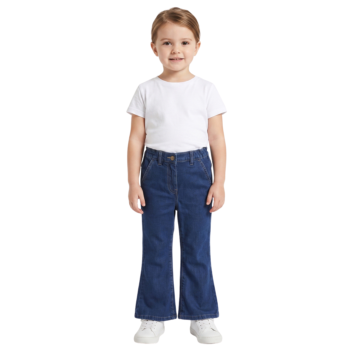 Baby Girls Blue Cotton Blend Solid Flared Denim Pant Regular Fit
