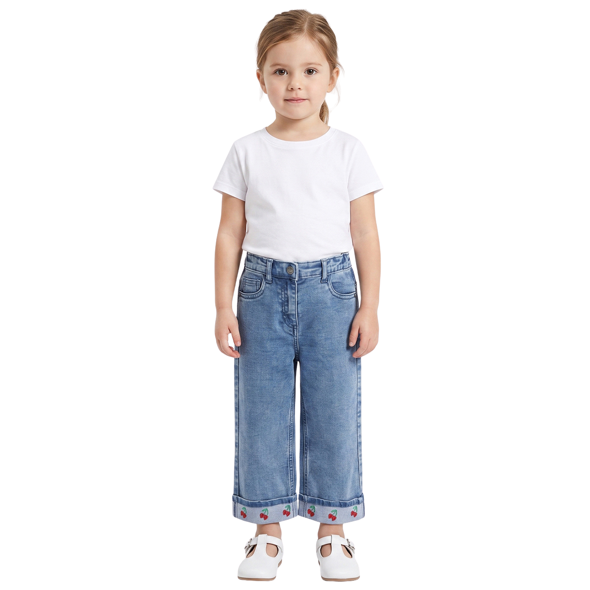 Baby Girls Blue Cotton Blend Cherry Embroidered Wide Leg Denim Pant