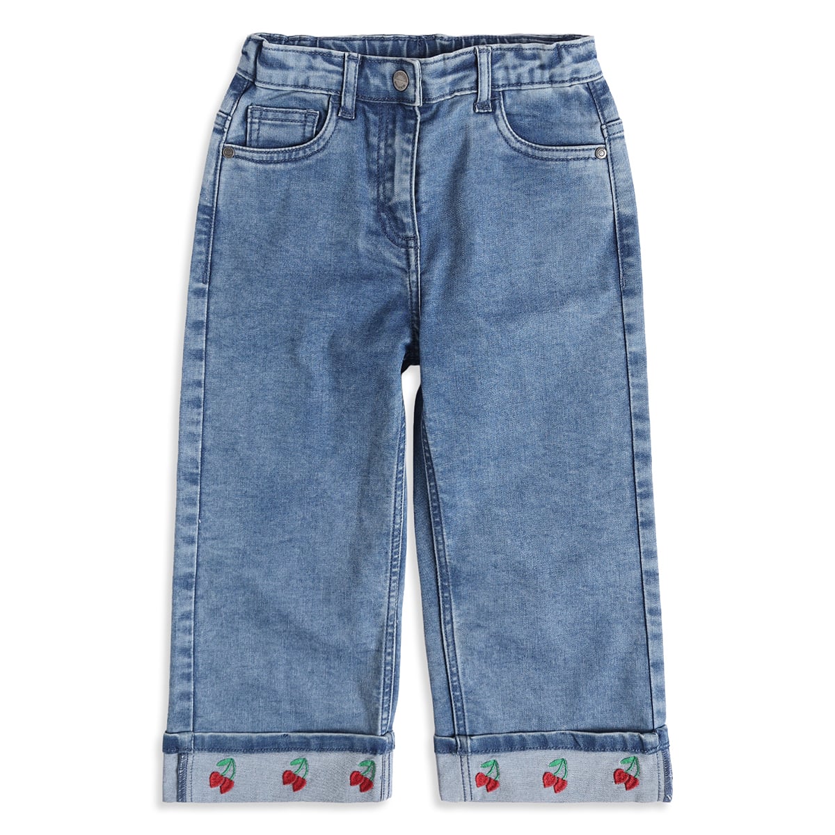 Baby Girls Blue Cotton Blend Cherry Embroidered Wide-Leg Denim Pant Regular Fit Casual Wear