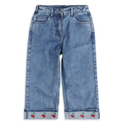 Baby Girls Blue Cotton Blend Cherry Embroidered Wide-Leg Denim Pant Regular Fit Casual Wear