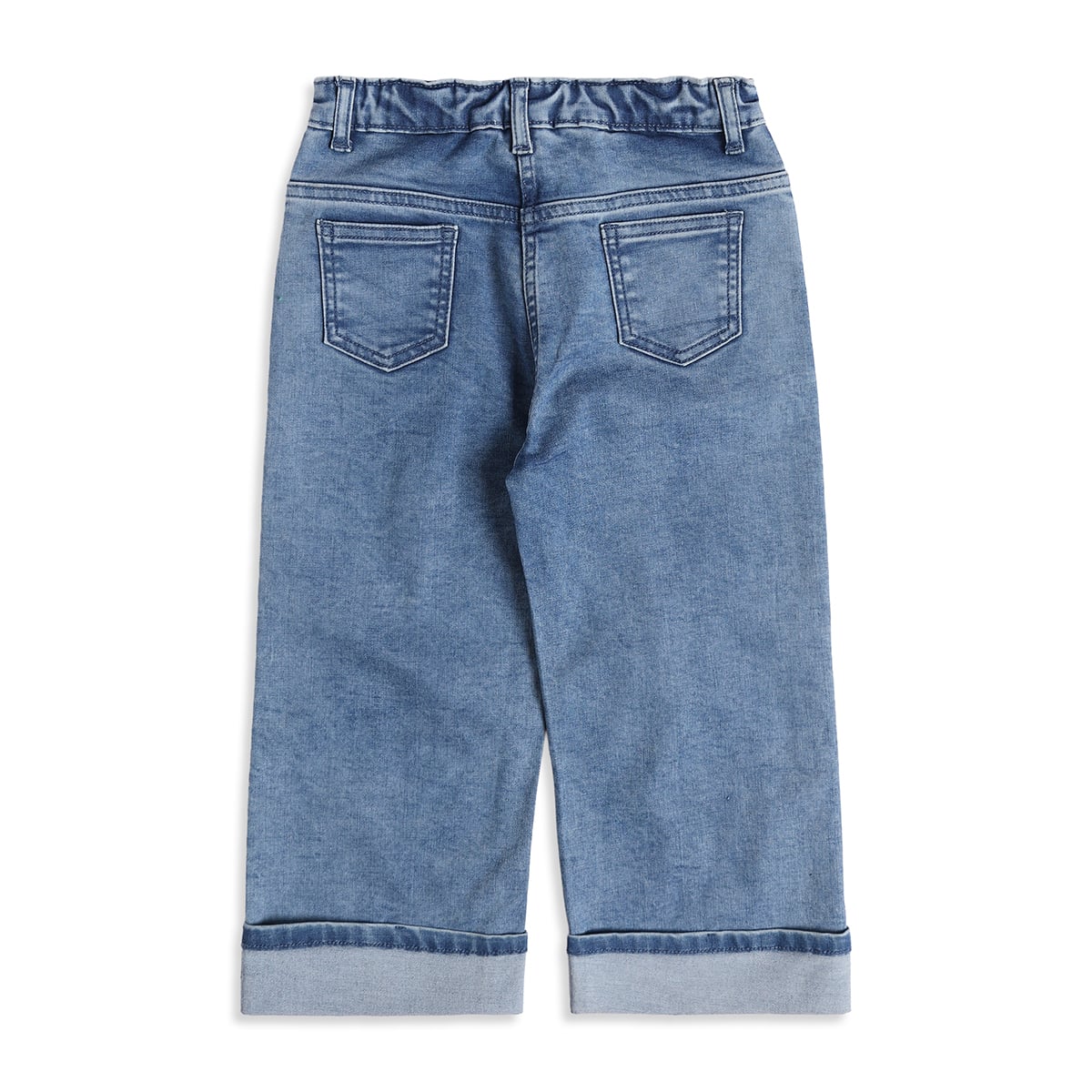 Baby Girls Blue Cotton Blend Cherry Embroidered Wide-Leg Denim Pant Regular Fit Casual Wear