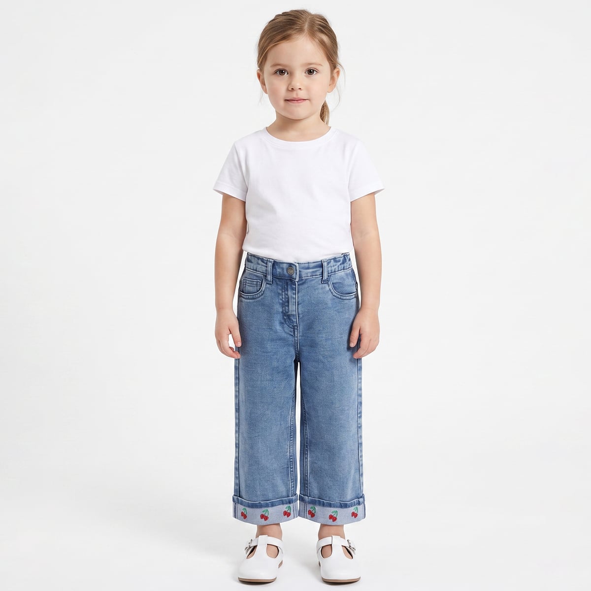 Baby Girls Blue Cotton Blend Cherry Embroidered Wide-Leg Denim Pant Regular Fit Casual Wear