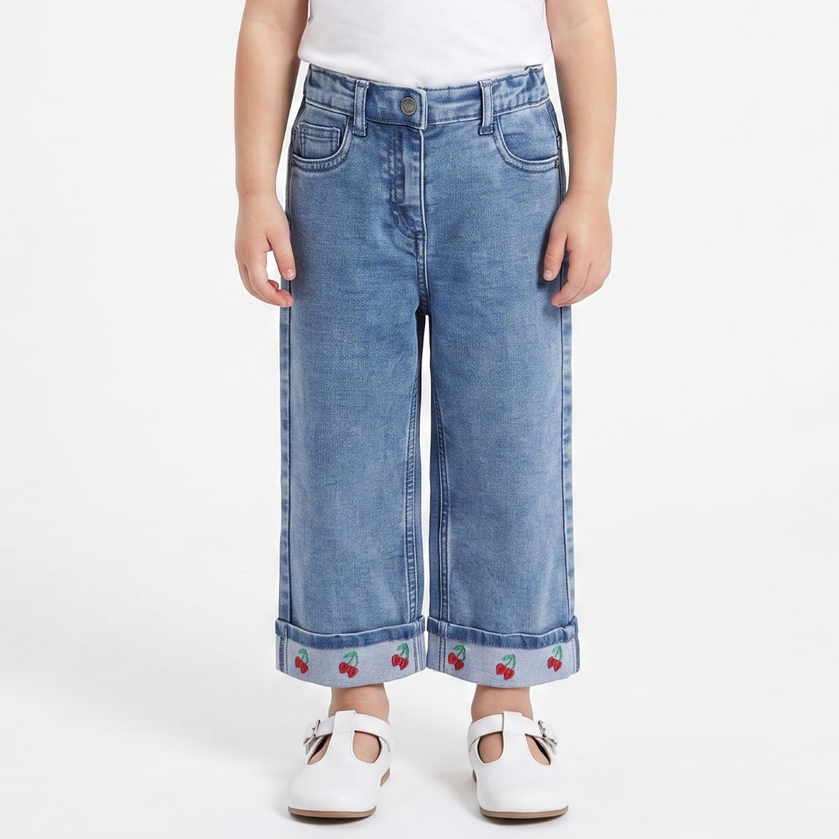 Baby Girls Blue Cotton Blend Cherry Embroidered Wide-Leg Denim Pant Regular Fit Casual Wear