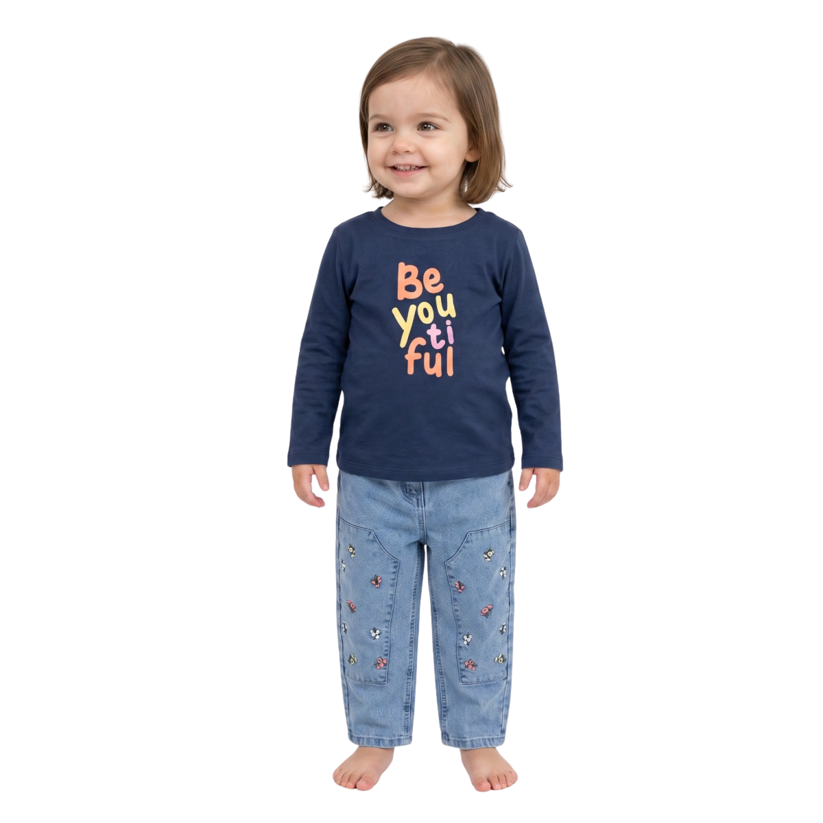 Girls Light Blue Floral Embroidered Cargo Pants Casual Kids Bottoms