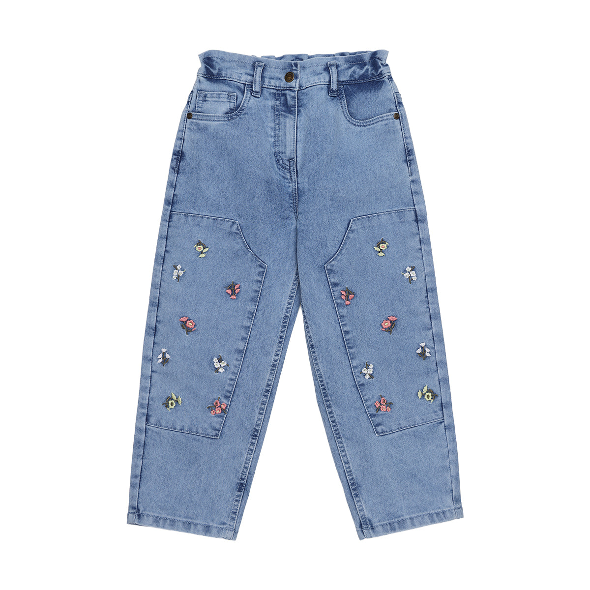 Girls Light Blue Cotton Blend Denim Floral Embroidered Cargo Pants Regular Fit Casual Kids Bottoms