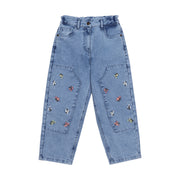 Girls Light Blue Cotton Blend Denim Floral Embroidered Cargo Pants Regular Fit Casual Kids Bottoms