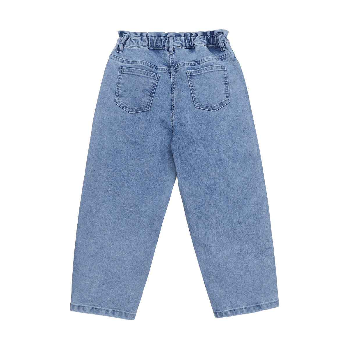Girls Light Blue Cotton Blend Denim Floral Embroidered Cargo Pants Regular Fit Casual Kids Bottoms