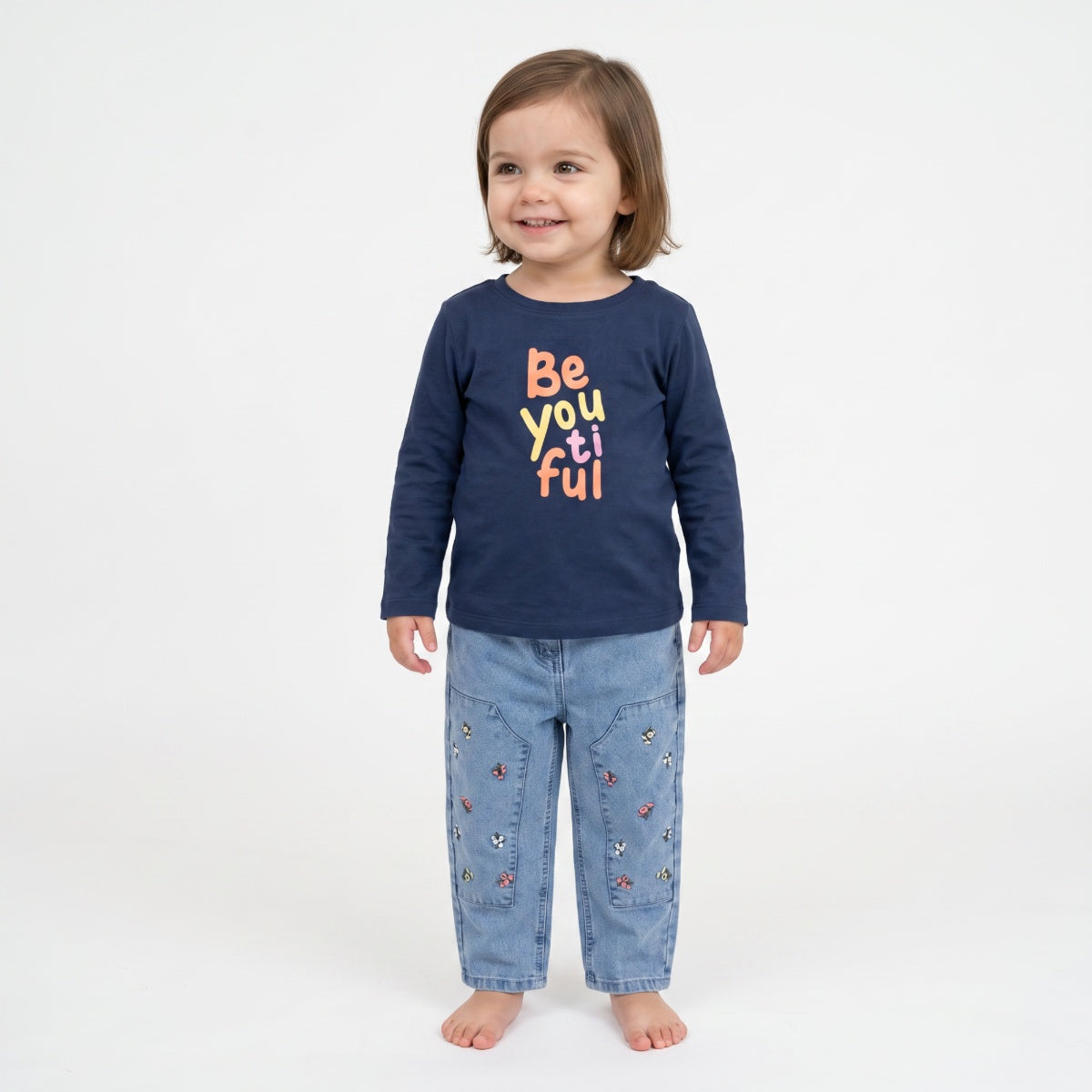 Girls Light Blue Cotton Blend Denim Floral Embroidered Cargo Pants Regular Fit Casual Kids Bottoms