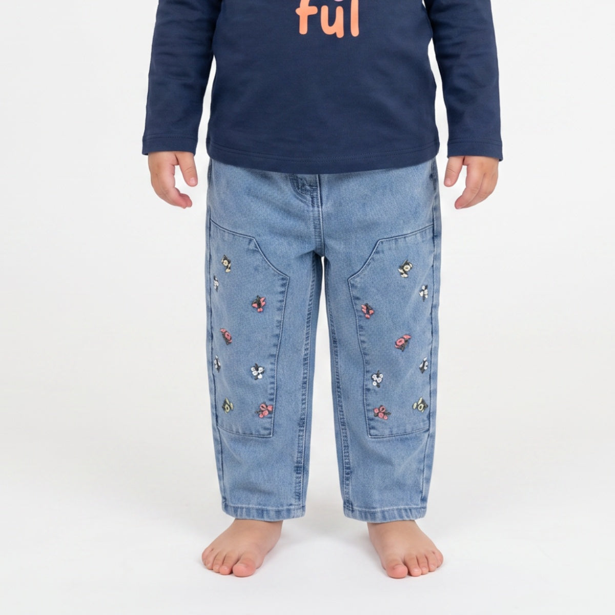 Girls Light Blue Cotton Blend Denim Floral Embroidered Cargo Pants Regular Fit Casual Kids Bottoms