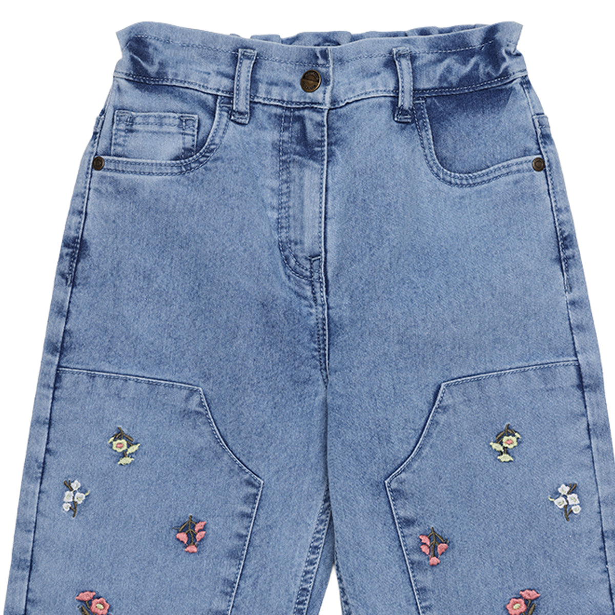 Girls Light Blue Cotton Blend Denim Floral Embroidered Cargo Pants Regular Fit Casual Kids Bottoms
