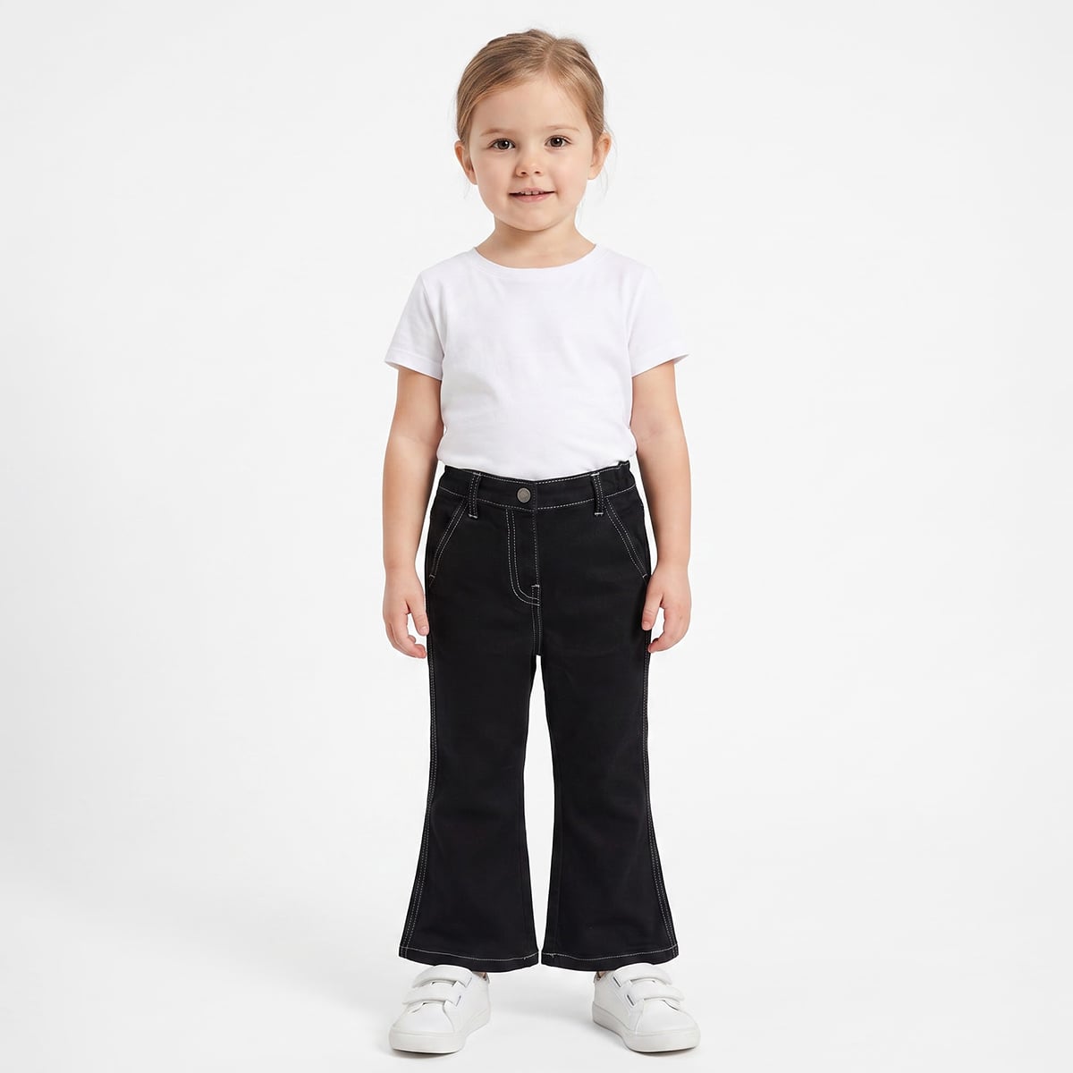 Baby Boys Black Cotton Denim Contrast Stitch Flared Pants Regular Fit Casual Wear
