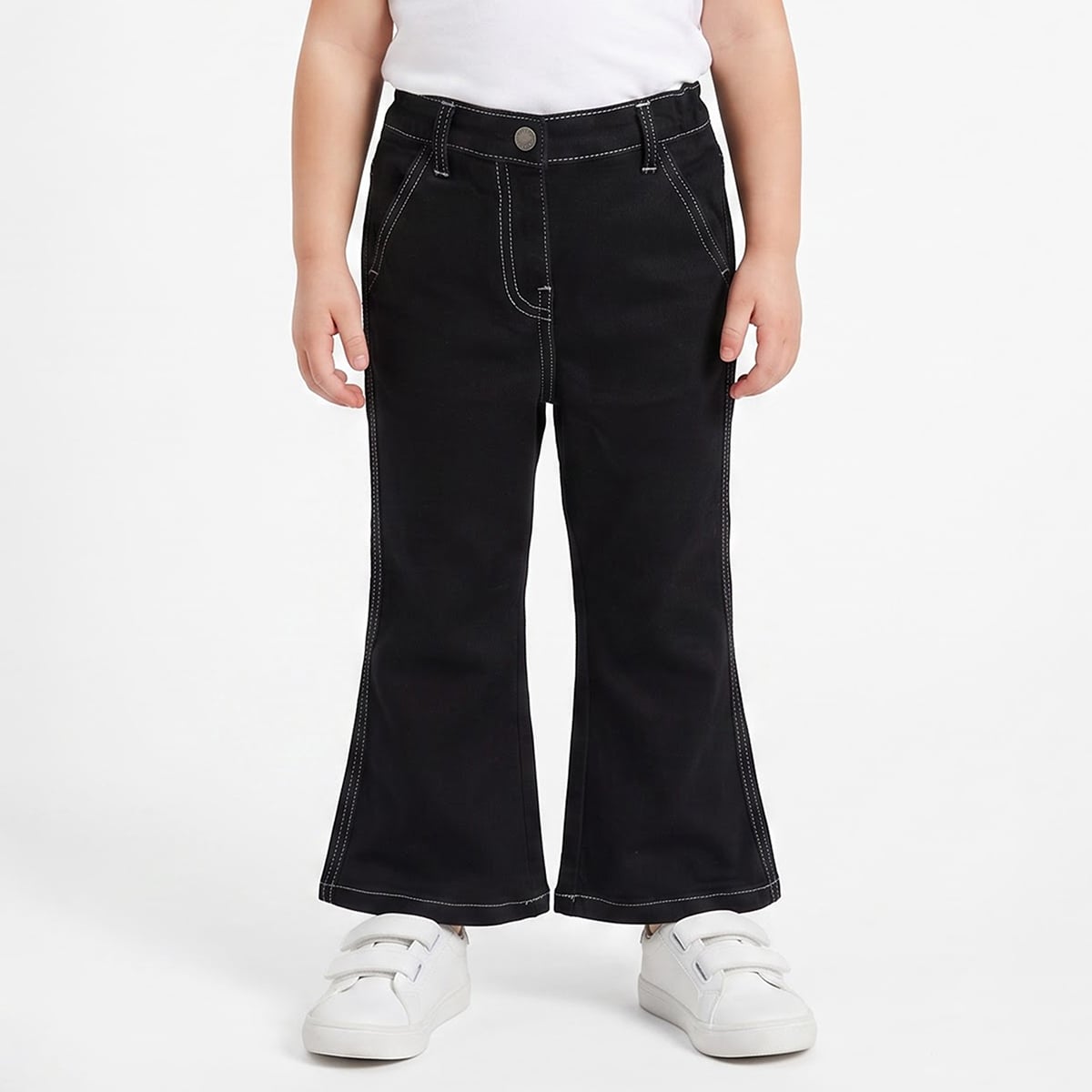 Baby Boys Black Cotton Denim Contrast Stitch Flared Pants Regular Fit Casual Wear