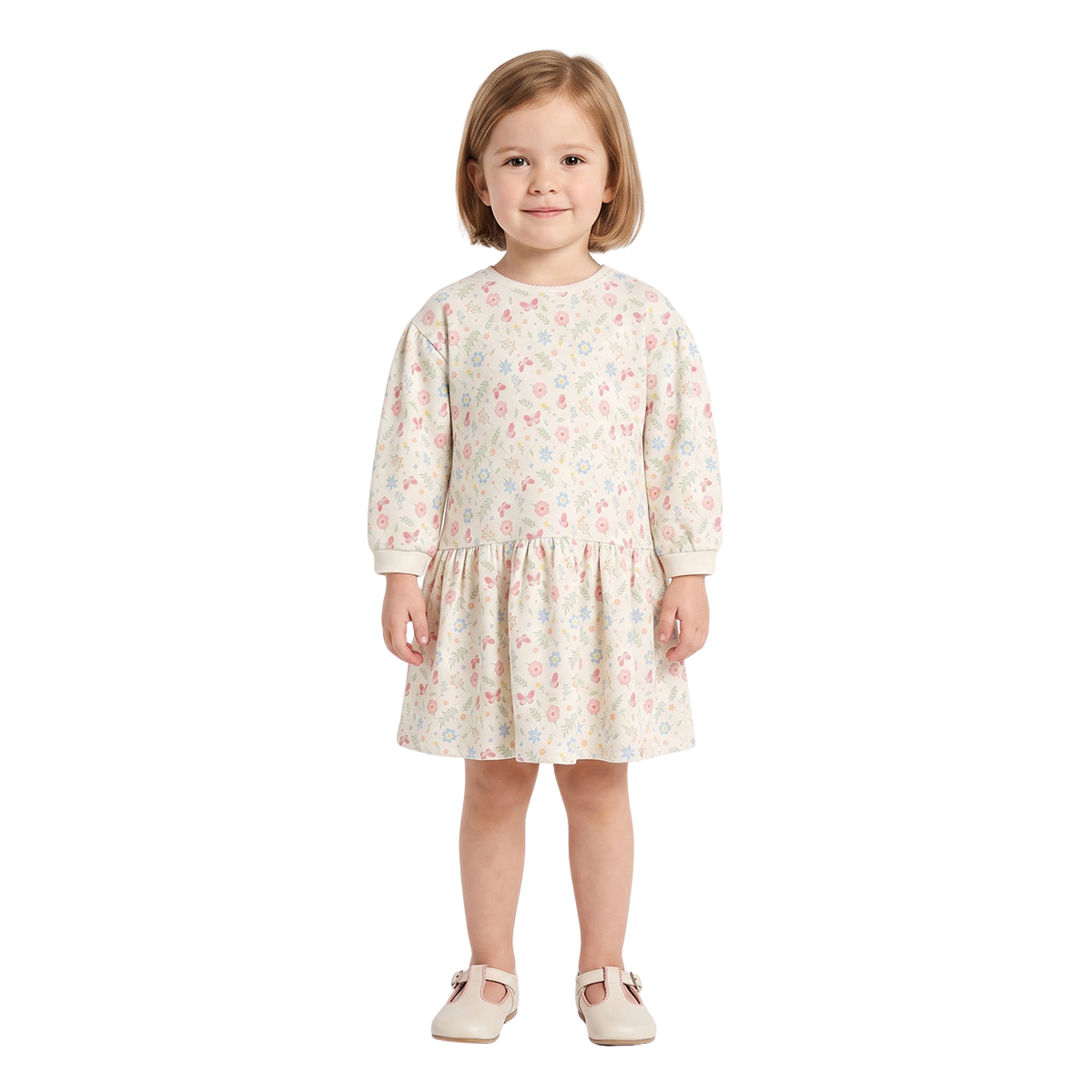Girls Cream Cotton Floral and Butterfly Dress Full Sleeve Casual Wear