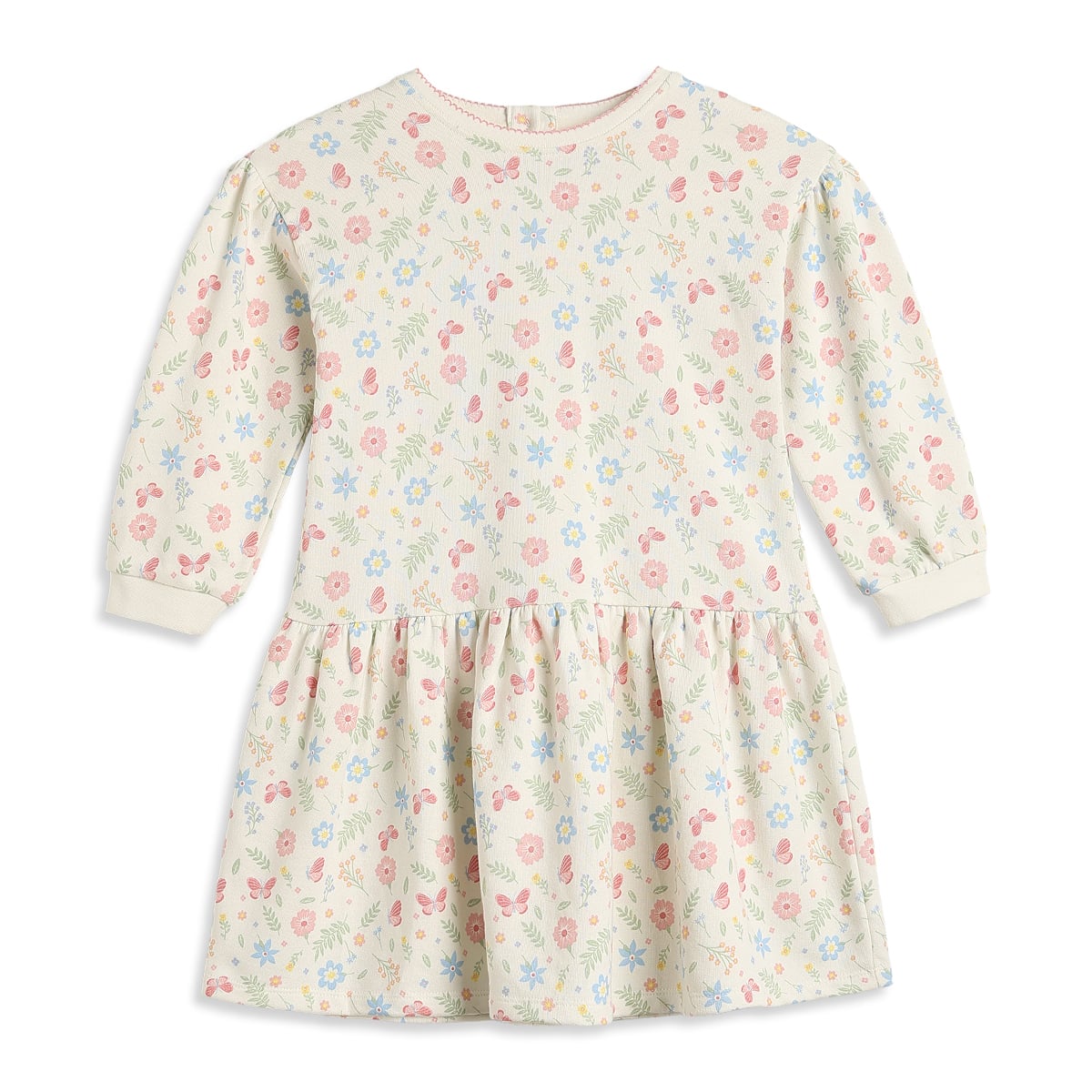Girls Cream Cotton Floral and Butterfly Dress Full Sleeve Casual Wear