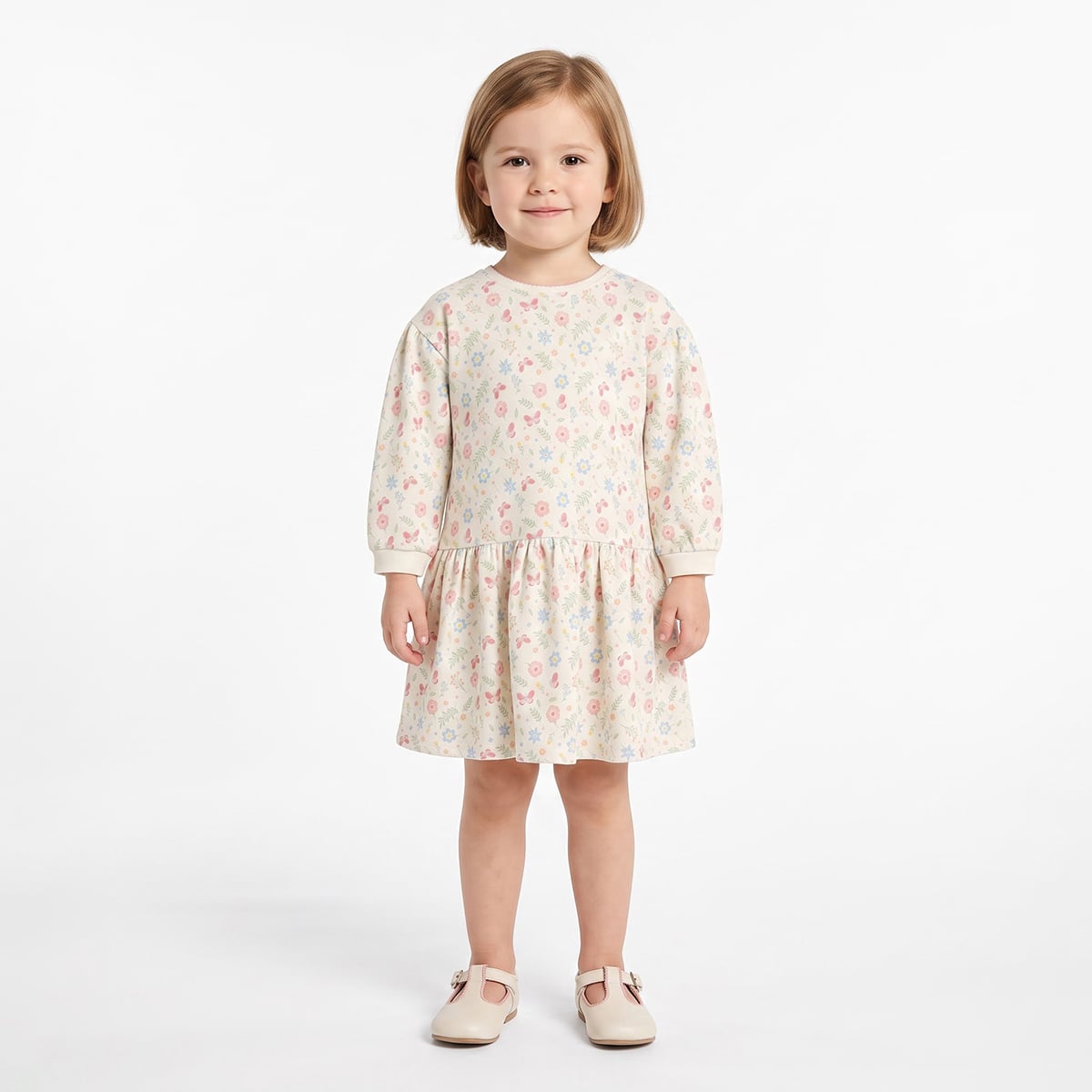 Girls Cream Cotton Floral and Butterfly Dress Full Sleeve Casual Wear