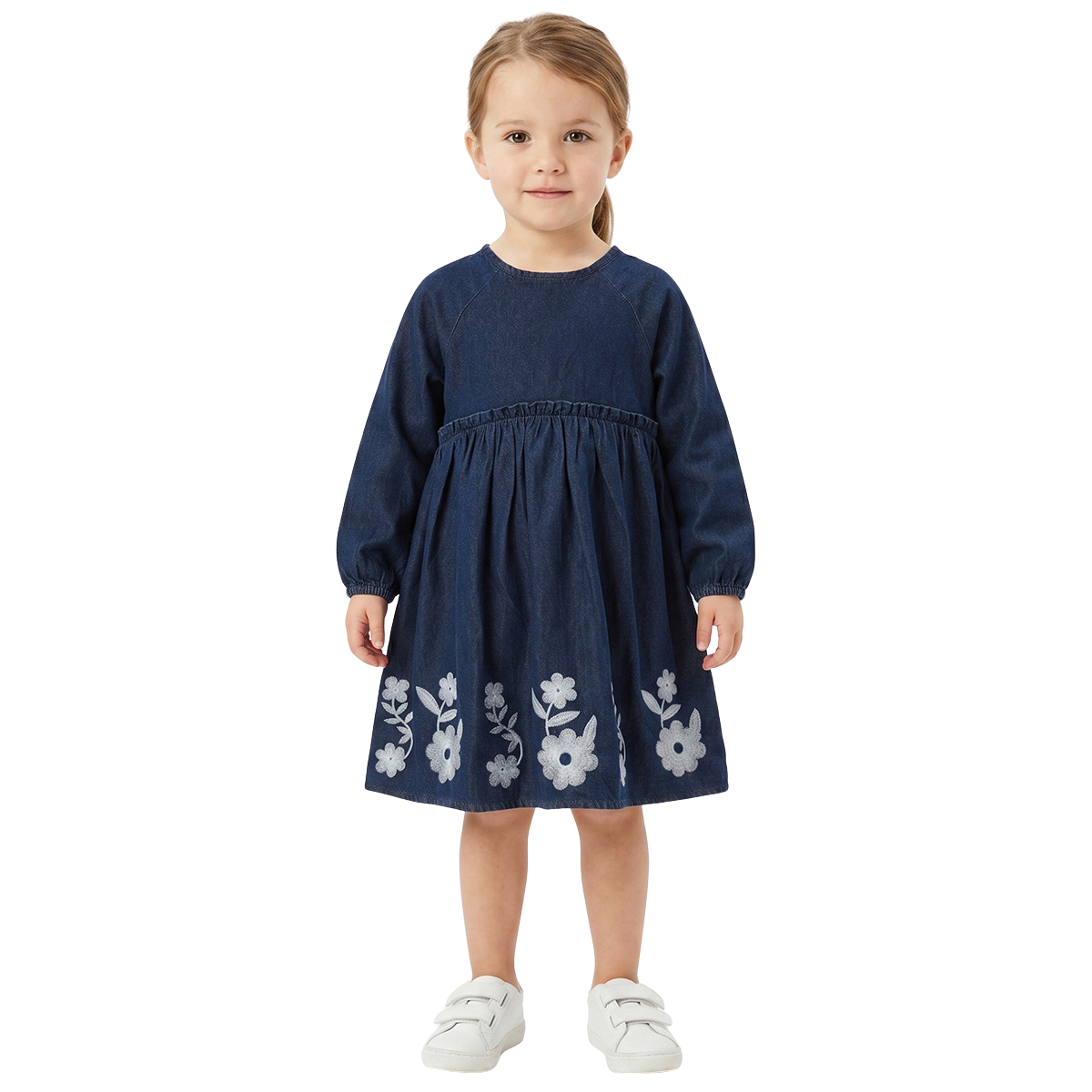 Baby Girls Navy Blue Embroidered Denim Dress Regular Fit