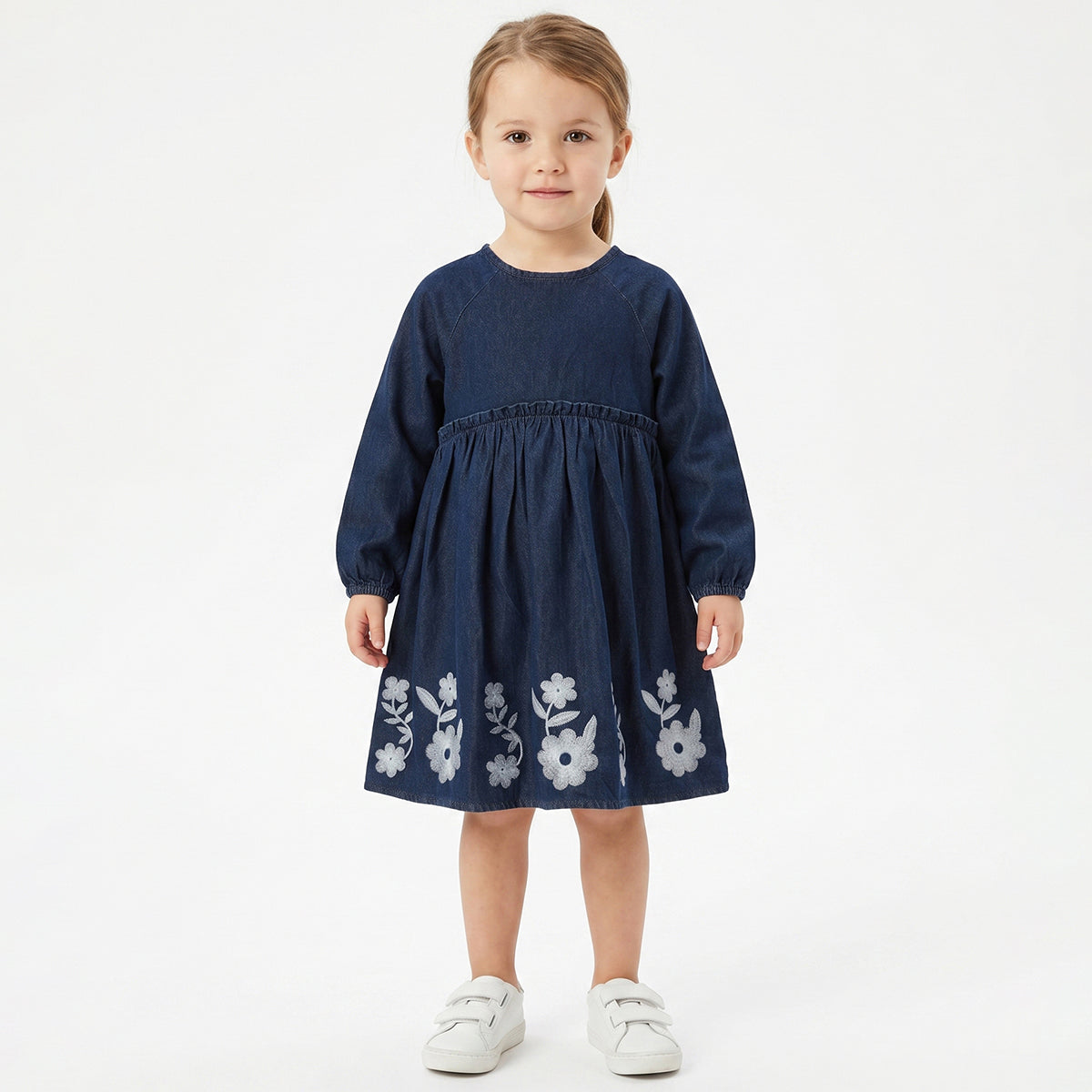 Baby Girls Navy Blue Embroidered Denim Dress Regular Fit.