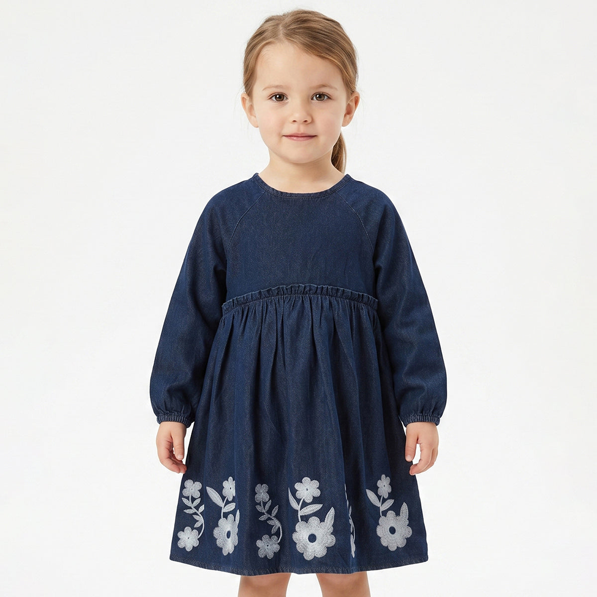 Baby Girls Navy Blue Embroidered Denim Dress Regular Fit.