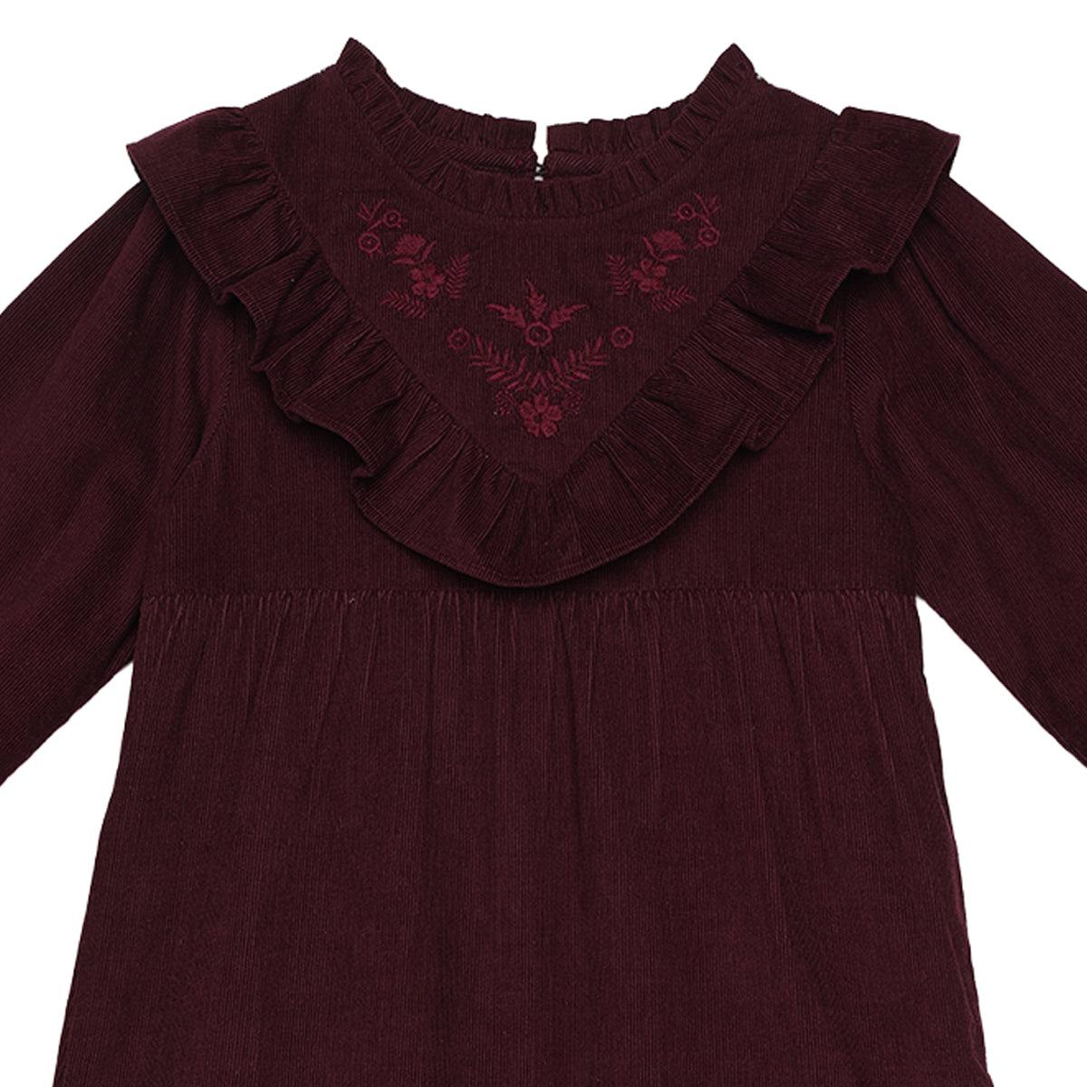 Girls Maroon Floral Embroidered Dress Regular Fit Casual Kids Dress