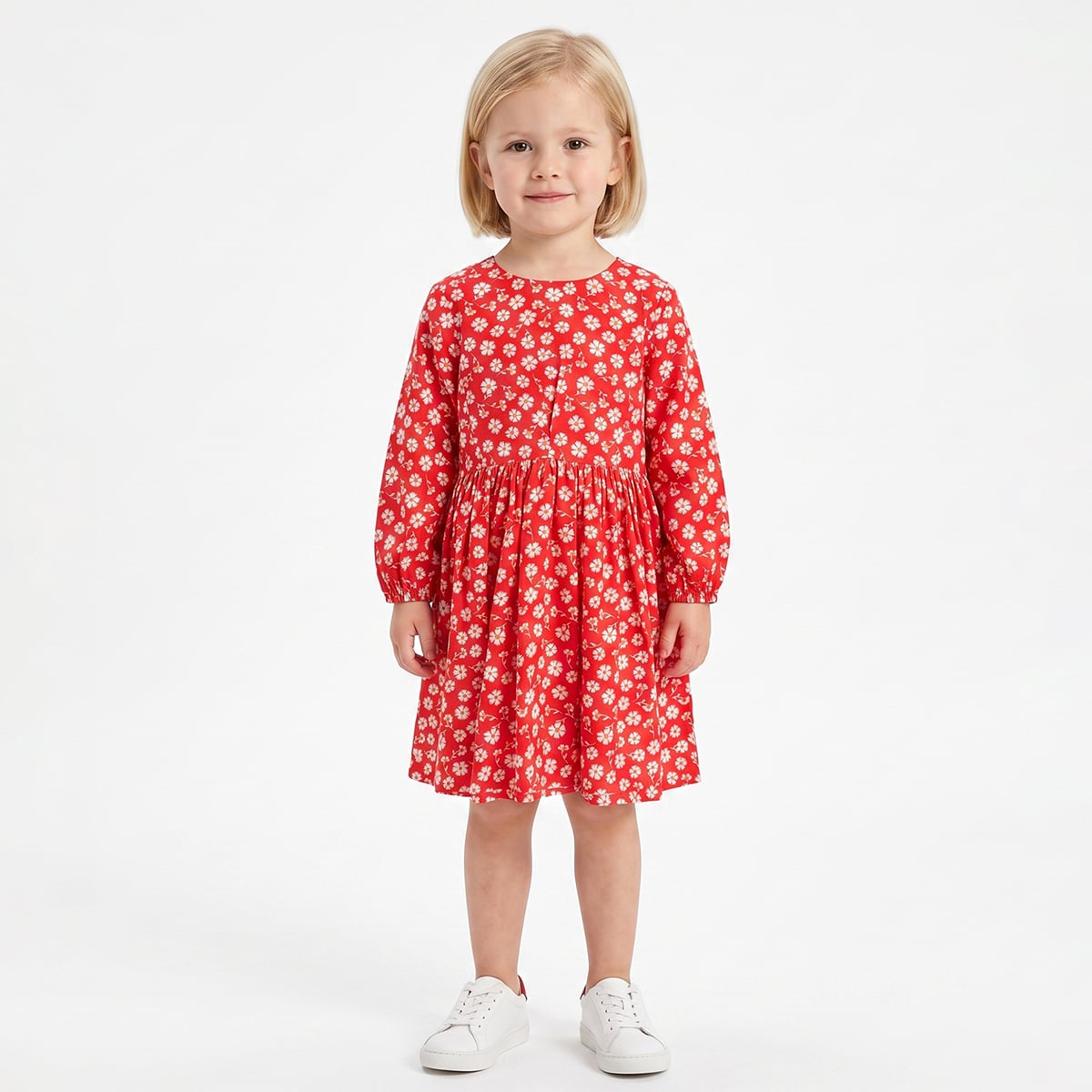 Baby Girls Red Cotton Floral Printed Dress Regular Fit Casual Wear