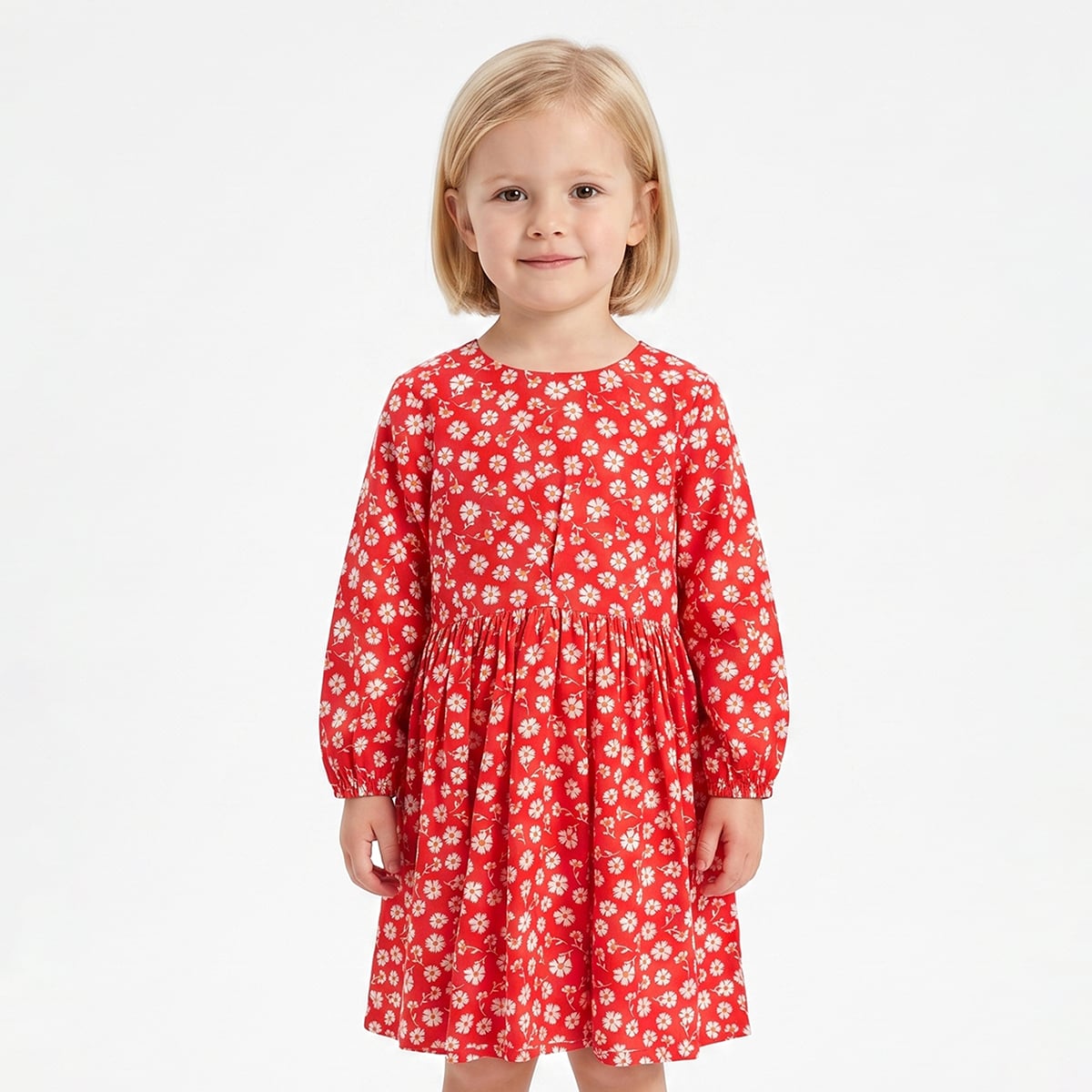 Baby Girls Red Cotton Floral Printed Dress Regular Fit Casual Wear