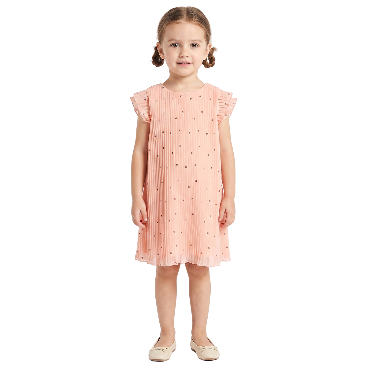 Baby Girls Peach Polyester Heart Printed Pleated Dress Regular Fit