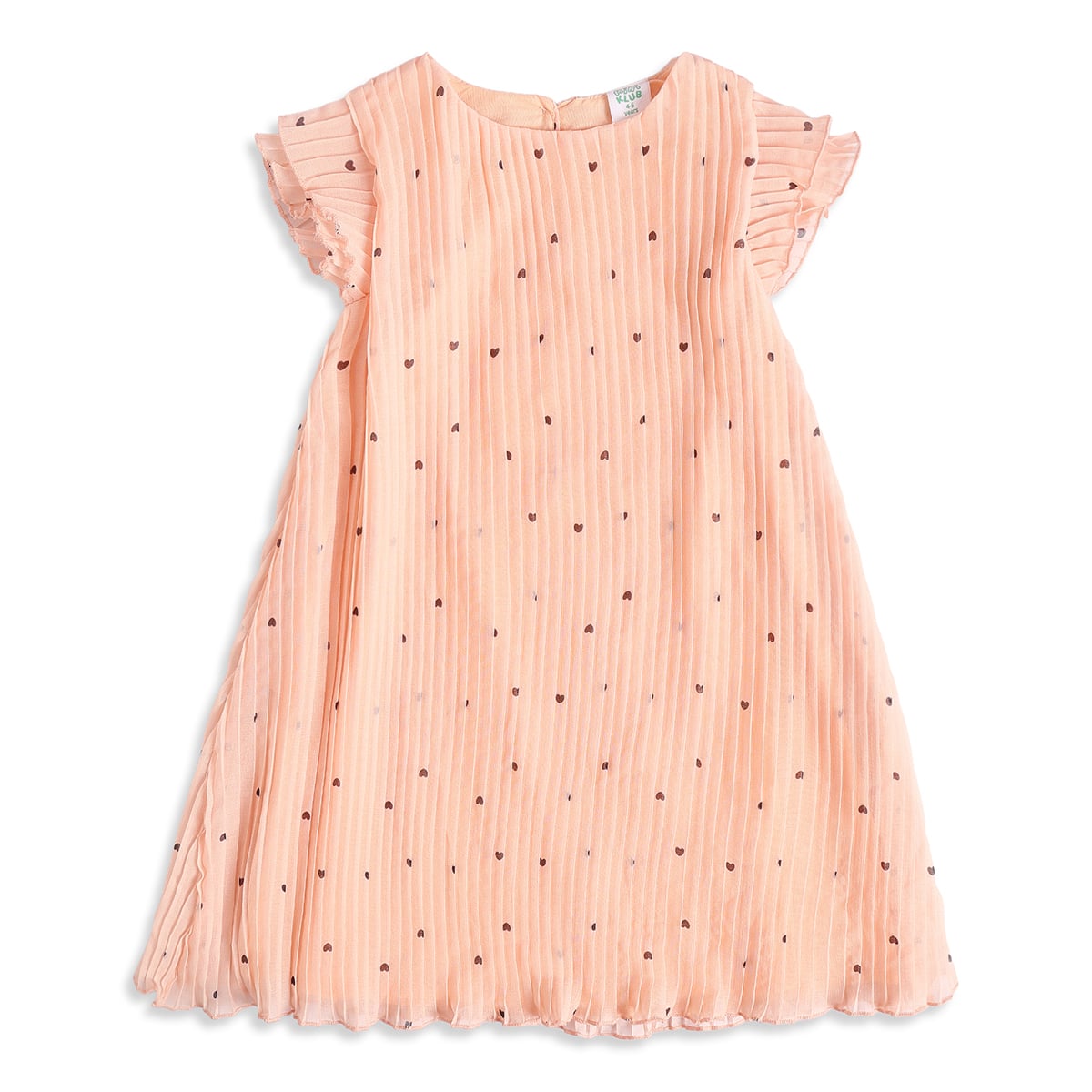 Baby Girls Peach Polyester Heart Printed Pleated Dress Regular Fit Casual Wear