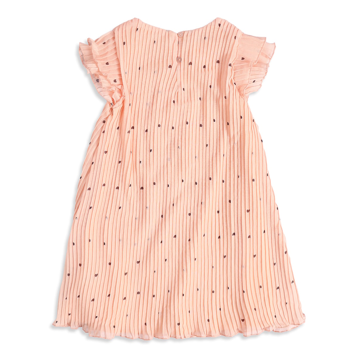 Baby Girls Peach Polyester Heart Printed Pleated Dress Regular Fit Casual Wear