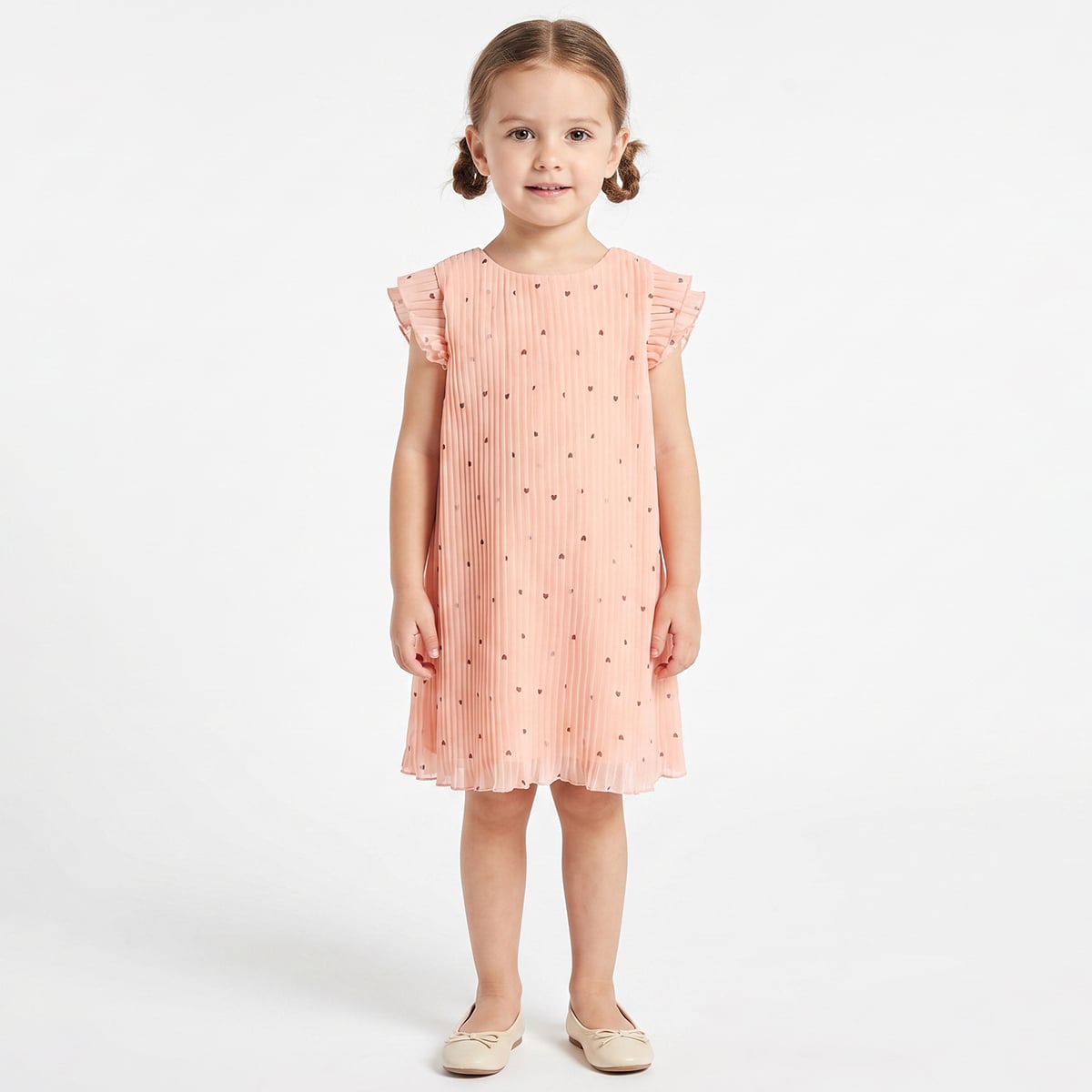 Baby Girls Peach Polyester Heart Printed Pleated Dress Regular Fit Casual Wear