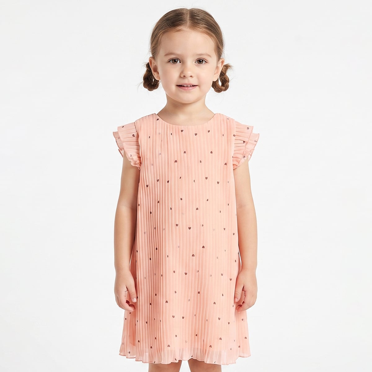 Baby Girls Peach Polyester Heart Printed Pleated Dress Regular Fit Casual Wear