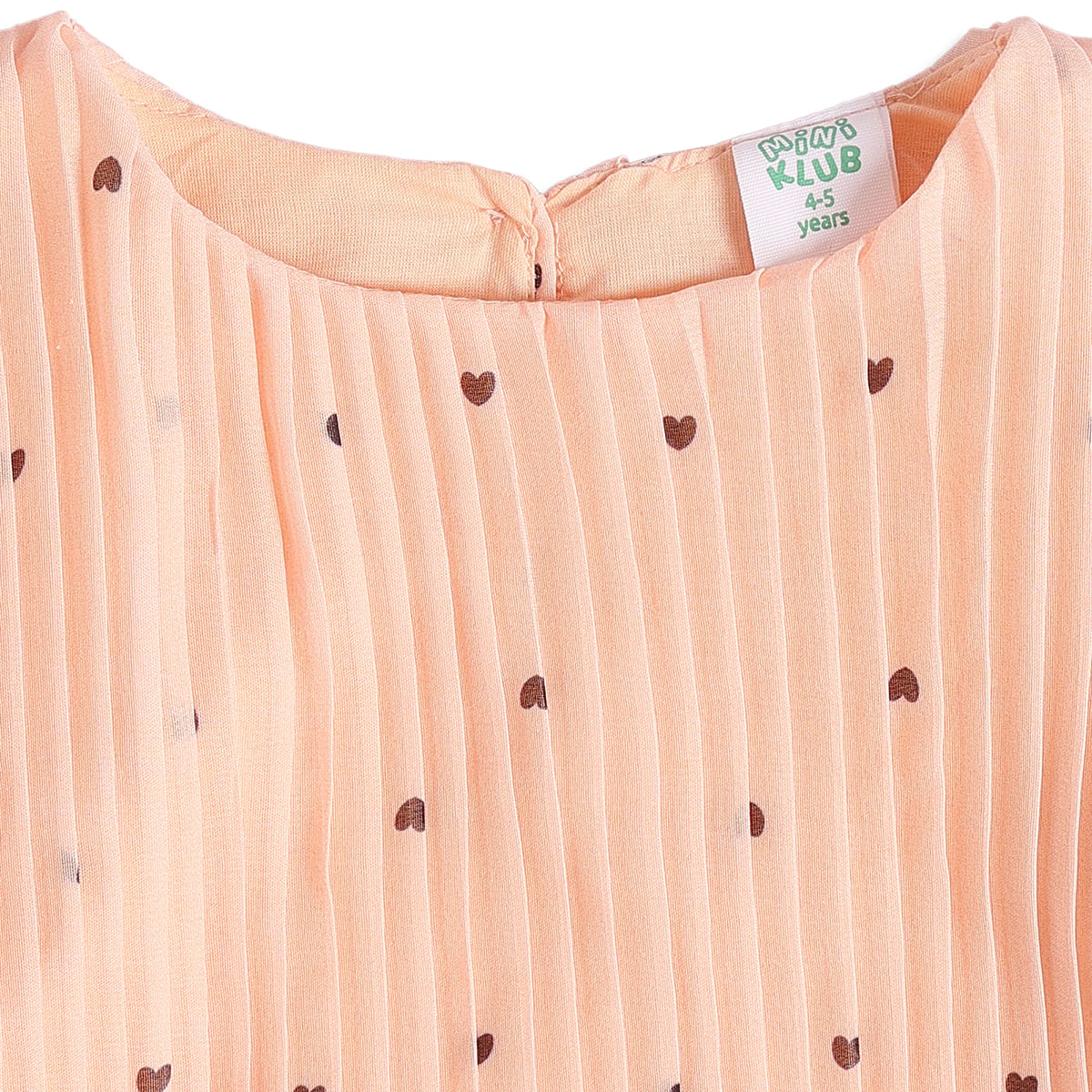 Baby Girls Peach Polyester Heart Printed Pleated Dress Regular Fit Casual Wear