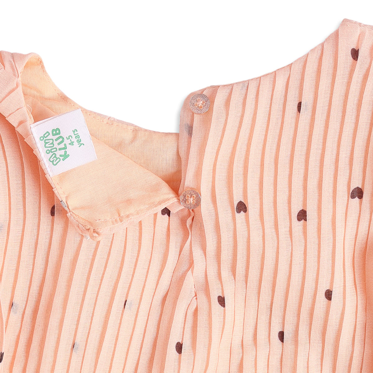 Baby Girls Peach Polyester Heart Printed Pleated Dress Regular Fit Casual Wear