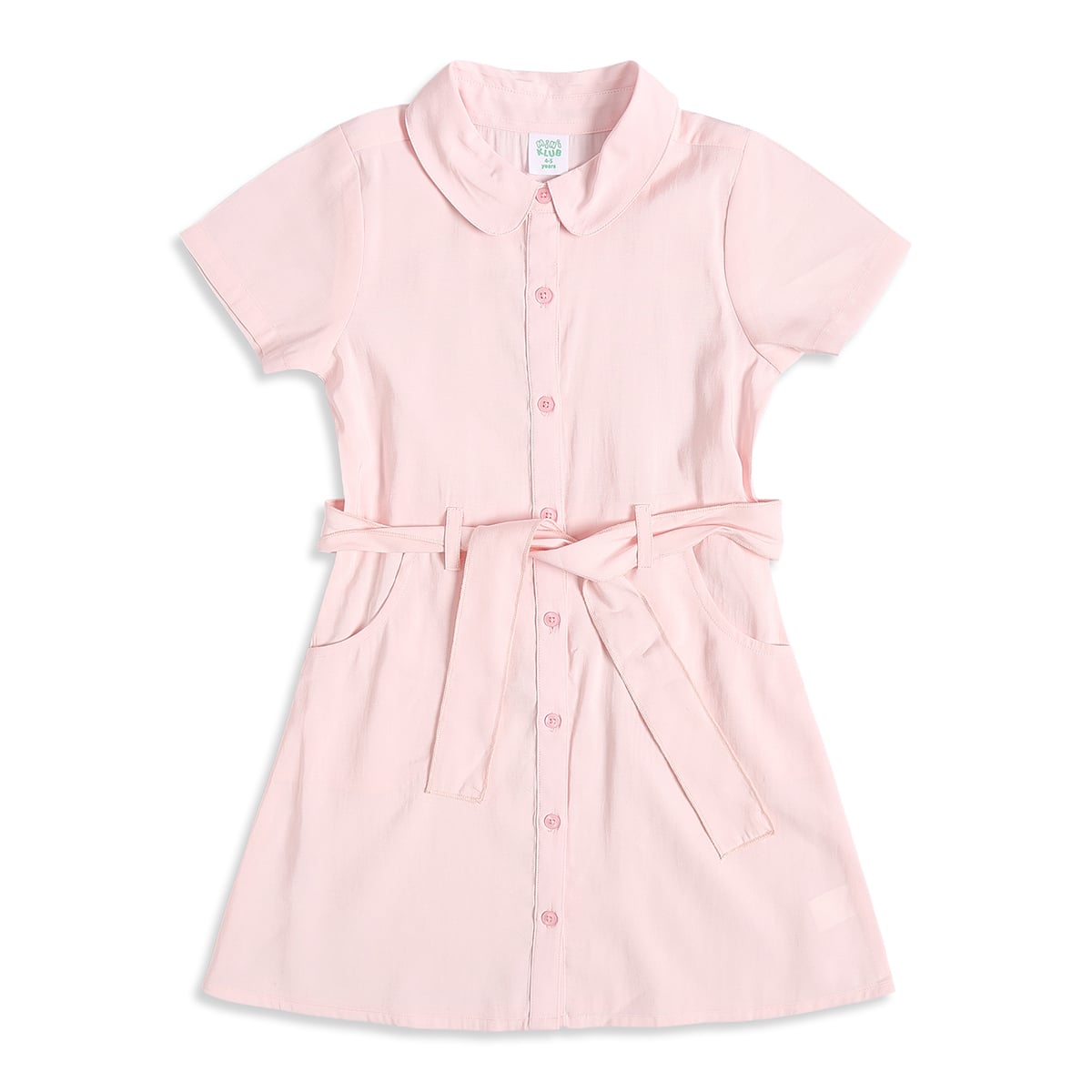 Baby Girls Pink Cotton Blend Solid Shirt Dress With Tie-Up Belt Regular Fit Casual Wear