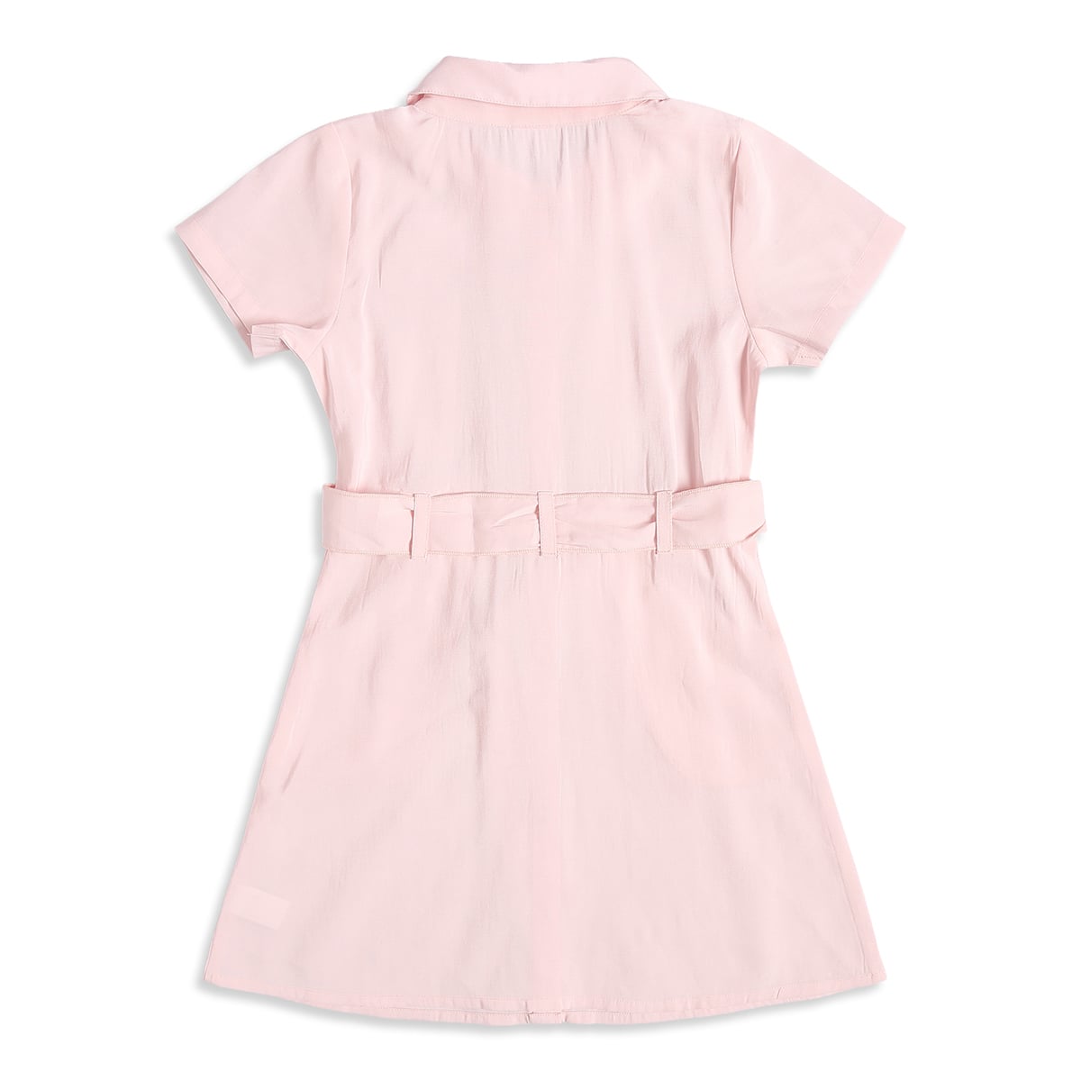 Baby Girls Pink Cotton Blend Solid Shirt Dress With Tie-Up Belt Regular Fit Casual Wear