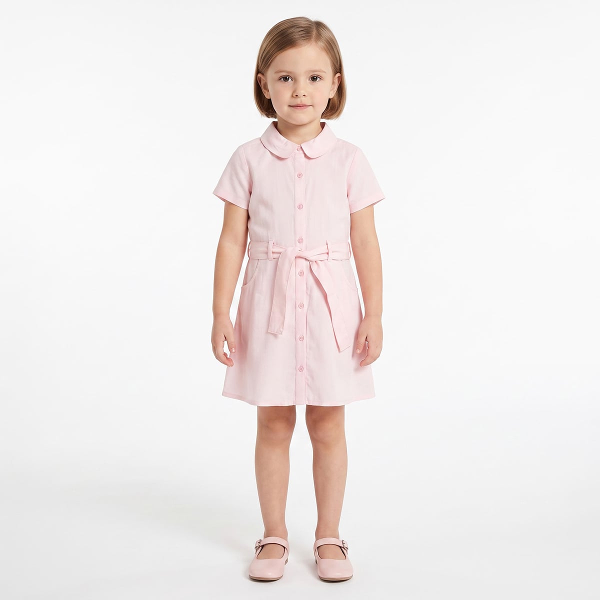 Baby Girls Pink Cotton Blend Solid Shirt Dress With Tie-Up Belt Regular Fit Casual Wear
