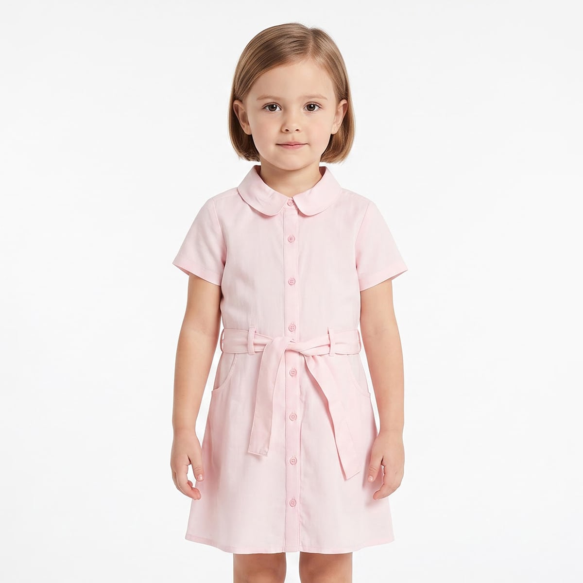 Baby Girls Pink Cotton Blend Solid Shirt Dress With Tie-Up Belt Regular Fit Casual Wear